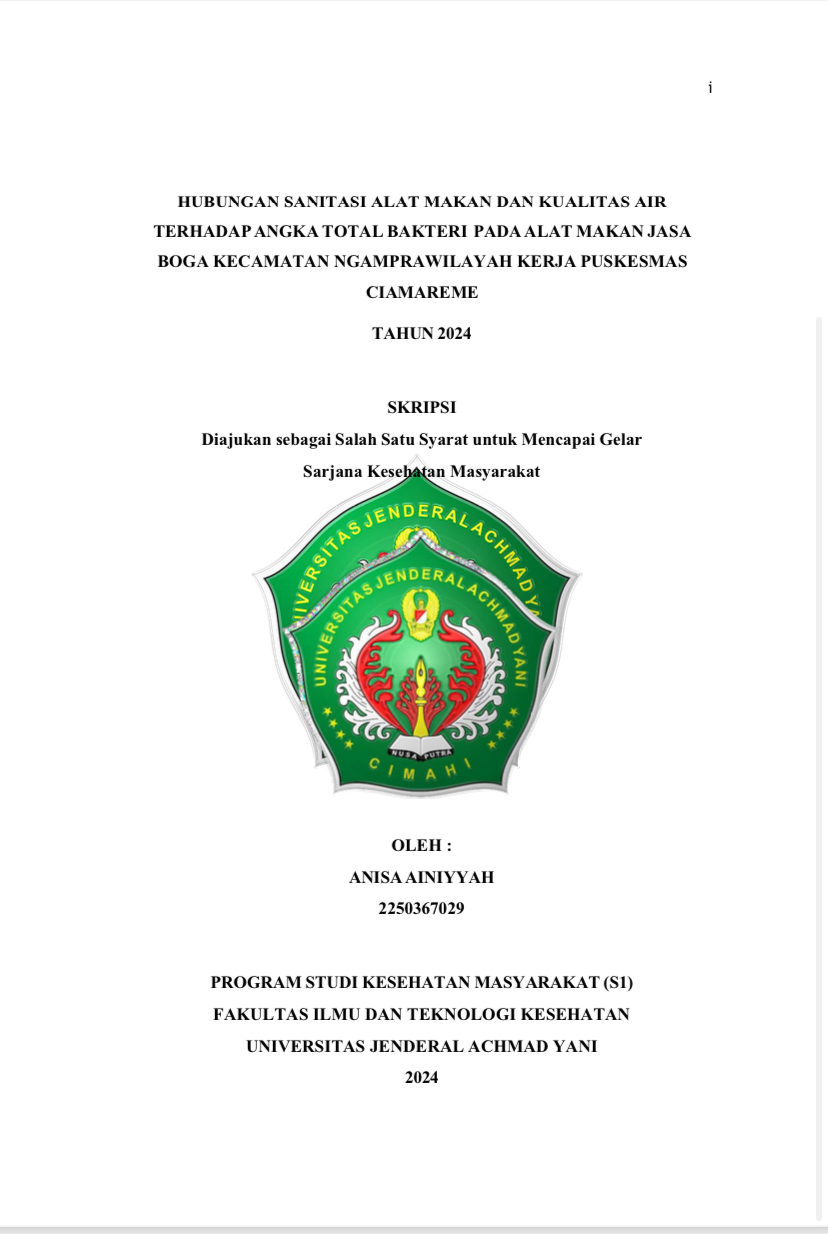 Hubungan sanitasi alat  makan dan kualitas air terhadap angka total bakteri pada alat makan jasa  boga kecamatan Ngamprah wilayah kerja Puskesmas Ciamareme