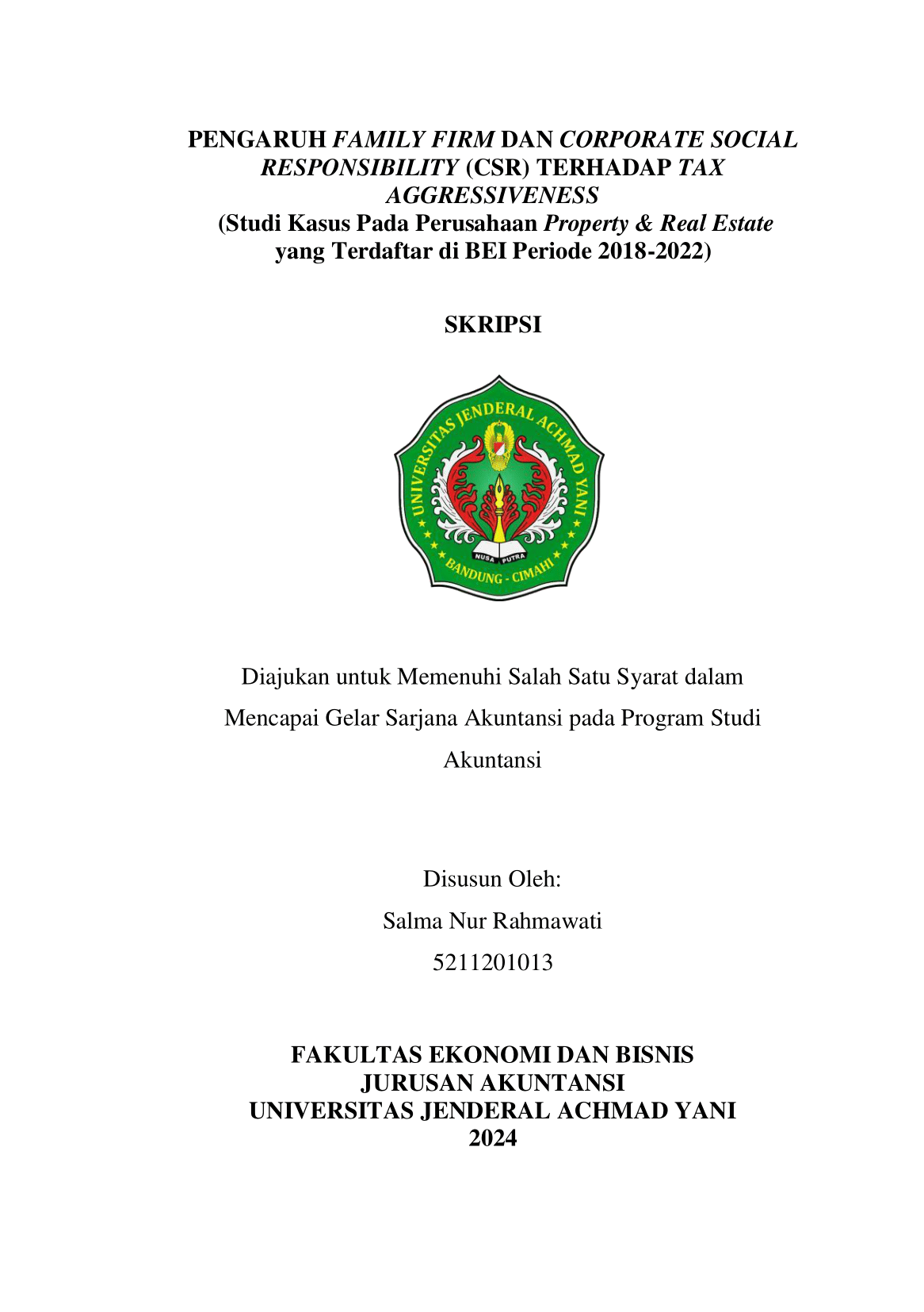 Pengaruh  Family Firm Dan Corporate Social Responsibility (CSR)  Terhadap Tax Aggressiveness