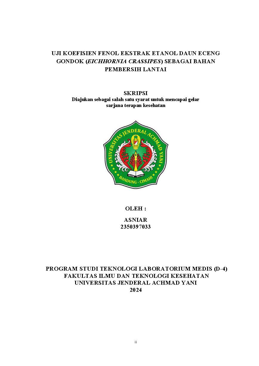 Uji Koefisien Fenol Ekstrak Etanol Daun Eceng Gondok (Eichhornia Crassipess) Sebagai Bahan Pembersih Lantai